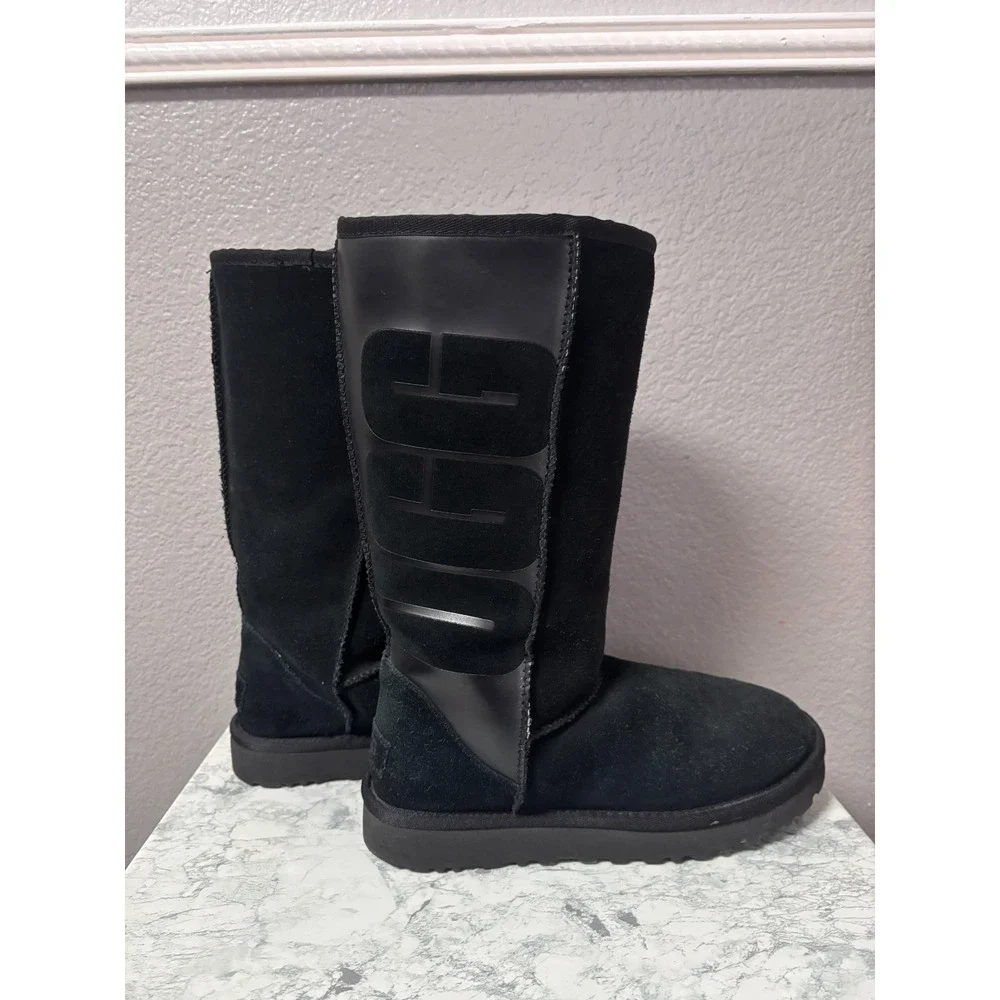 UGG Womens 7 Classic Tall Boots Black Suede Rubber Logo 1096471 Winter Boot
